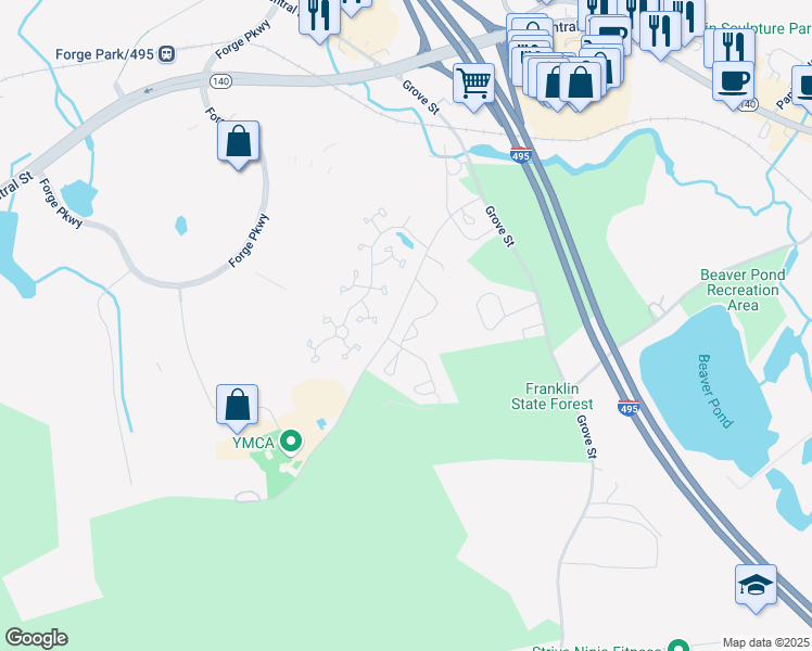 map of restaurants, bars, coffee shops, grocery stores, and more near 8 Emerson Way in Franklin