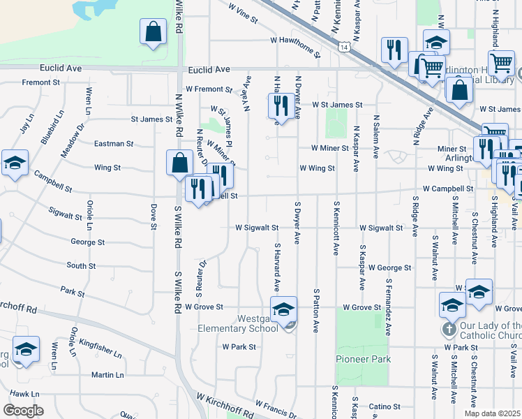 map of restaurants, bars, coffee shops, grocery stores, and more near 12 South Princeton Court in Arlington Heights