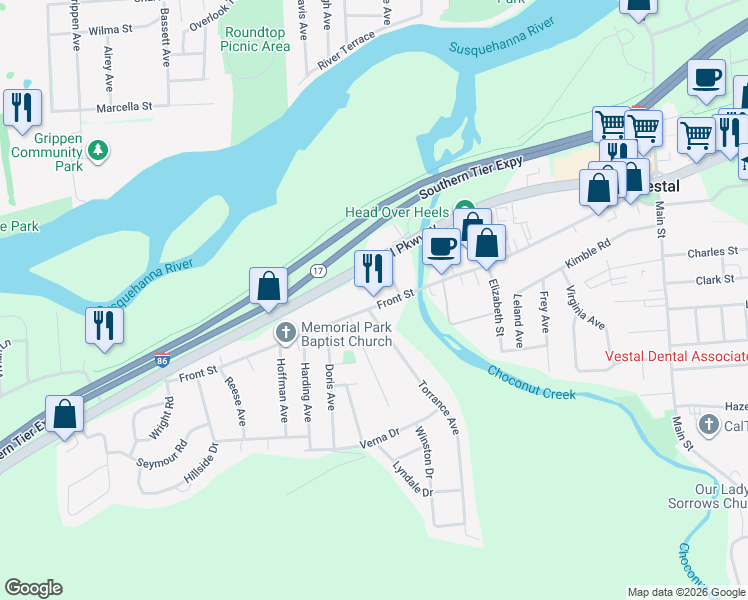 map of restaurants, bars, coffee shops, grocery stores, and more near 696 Front St in Broome
