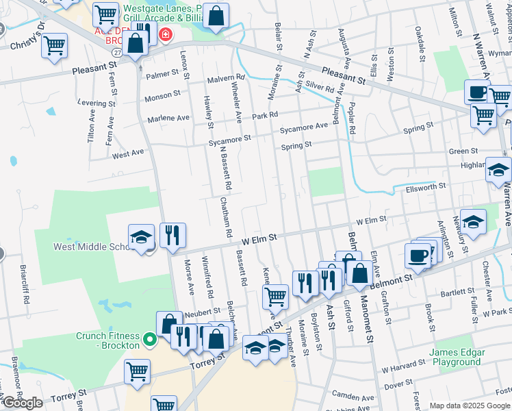 map of restaurants, bars, coffee shops, grocery stores, and more near 64 West Elm Terrace in Brockton