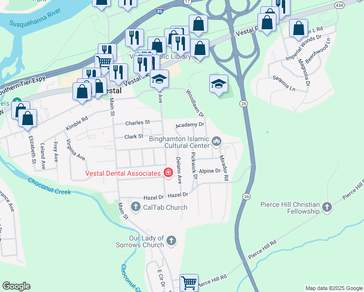 map of restaurants, bars, coffee shops, grocery stores, and more near 299 Lagrange Street in Vestal