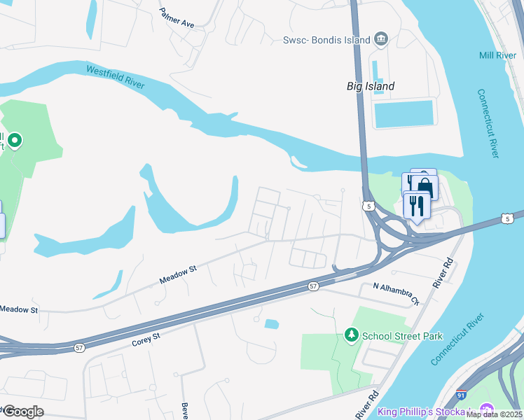 map of restaurants, bars, coffee shops, grocery stores, and more near 262 Regency Park Drive in Agawam