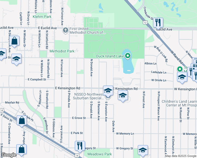 map of restaurants, bars, coffee shops, grocery stores, and more near 20 North Rammer Avenue in Arlington Heights