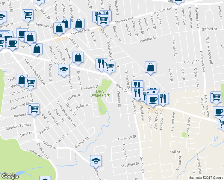 map of restaurants, bars, coffee shops, grocery stores, and more near 4 Ruskin Street in Springfield