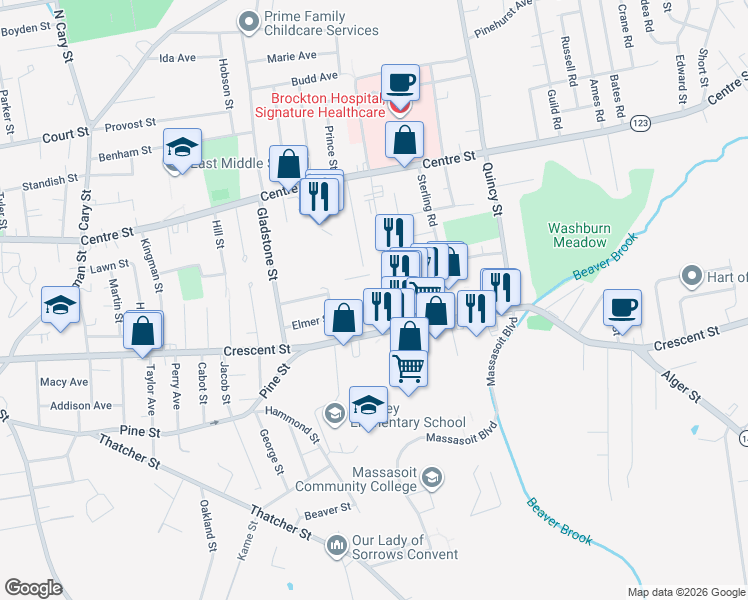 map of restaurants, bars, coffee shops, grocery stores, and more near 672 Crescent Street in Brockton
