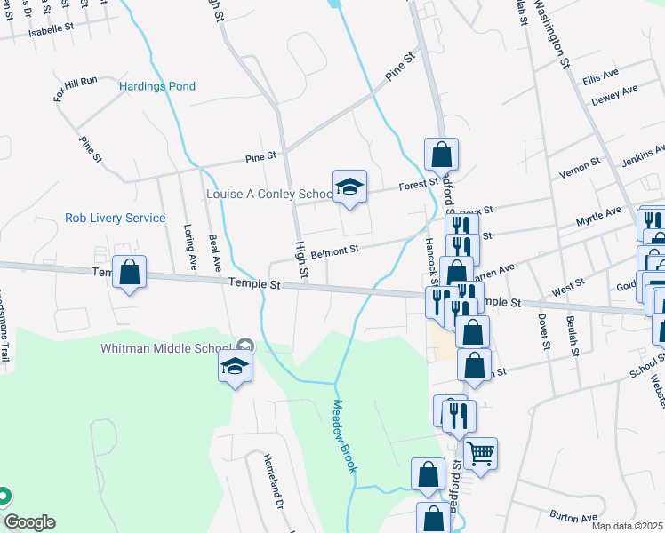 map of restaurants, bars, coffee shops, grocery stores, and more near 50 Belmont Street in Whitman