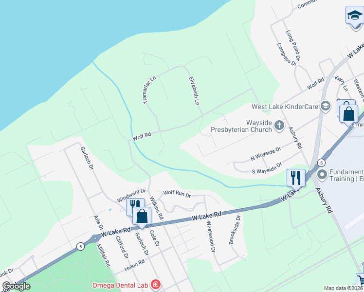 map of restaurants, bars, coffee shops, grocery stores, and more near 5051 Wolf Road in Erie