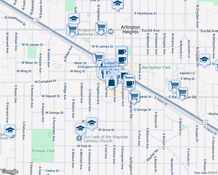 map of restaurants, bars, coffee shops, grocery stores, and more near 20 South Dunton Avenue in Arlington Heights