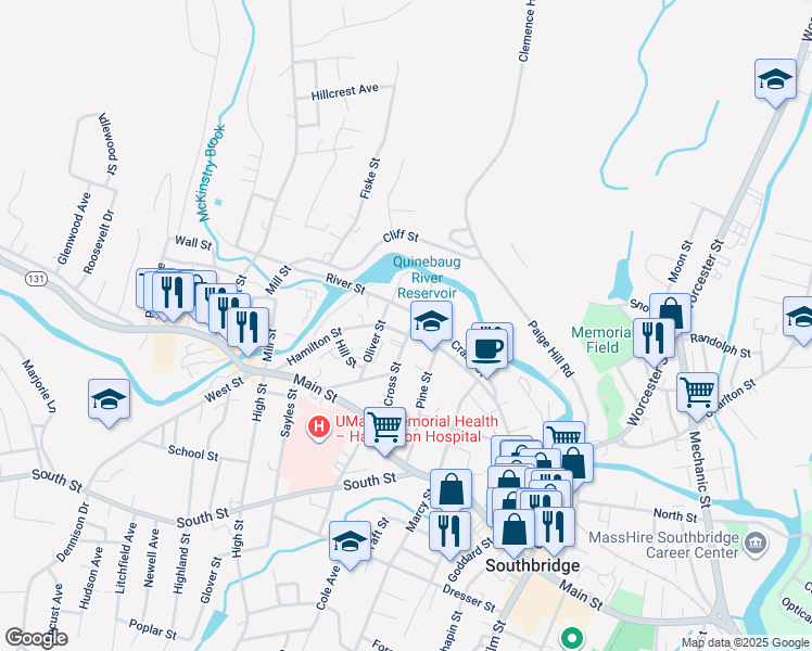 map of restaurants, bars, coffee shops, grocery stores, and more near 37 River Street in Southbridge