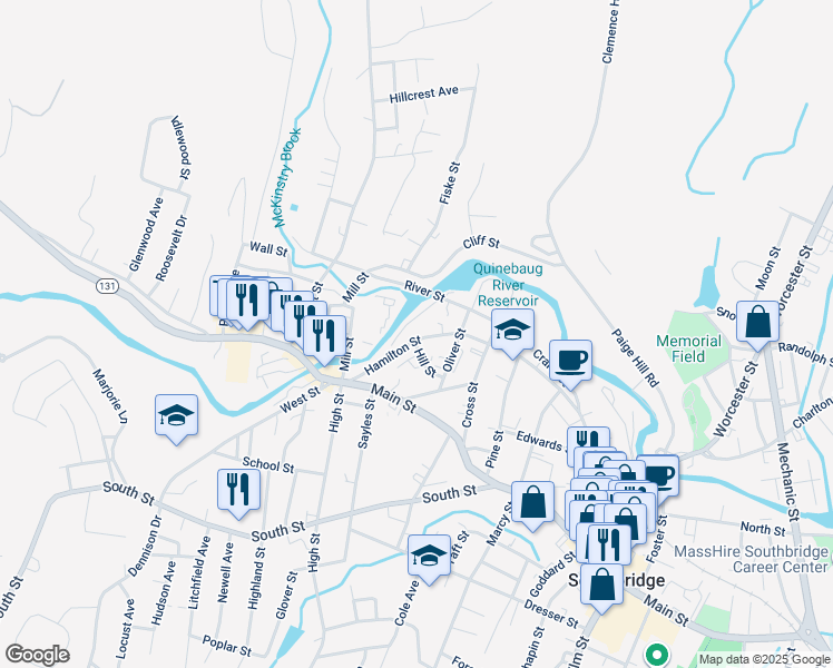 map of restaurants, bars, coffee shops, grocery stores, and more near 5 River Avenue in Southbridge