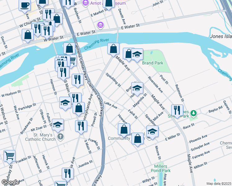 map of restaurants, bars, coffee shops, grocery stores, and more near 271 Caldwell Ave in Elmira