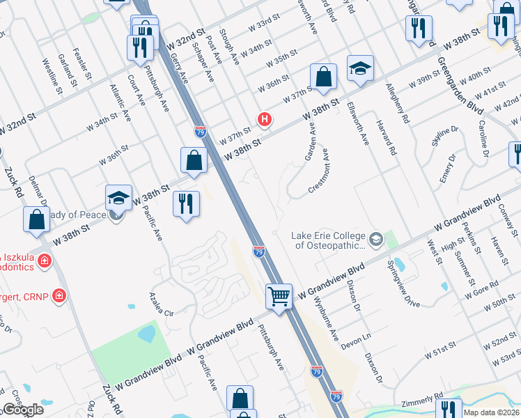 map of restaurants, bars, coffee shops, grocery stores, and more near 4114 Schaper Avenue in Erie