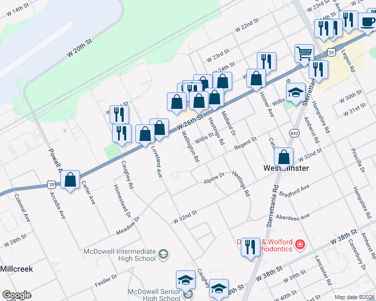 map of restaurants, bars, coffee shops, grocery stores, and more near 2718 Wellington Road in Erie