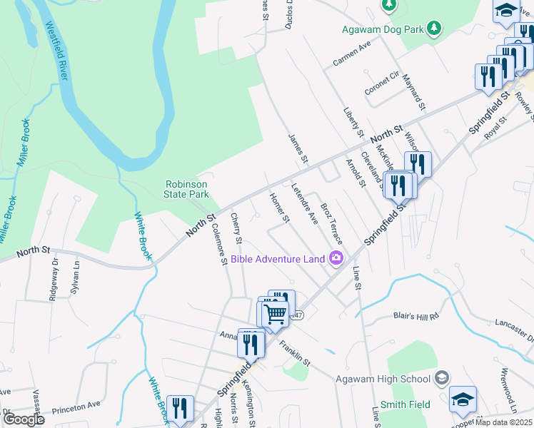map of restaurants, bars, coffee shops, grocery stores, and more near 15 Barberry Lane in Agawam