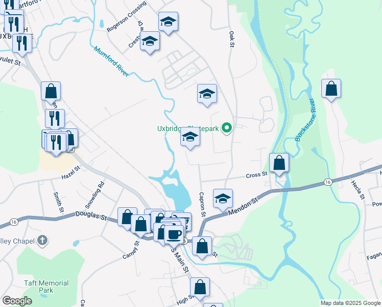 map of restaurants, bars, coffee shops, grocery stores, and more near 62 Capron Street in Uxbridge