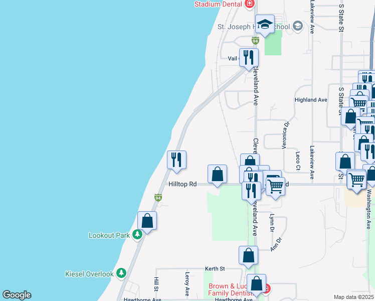 map of restaurants, bars, coffee shops, grocery stores, and more near 3001 Lakeshore Drive in St. Joseph