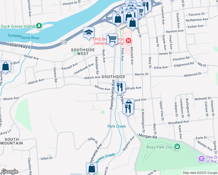 map of restaurants, bars, coffee shops, grocery stores, and more near 7 Maple Avenue in Binghamton