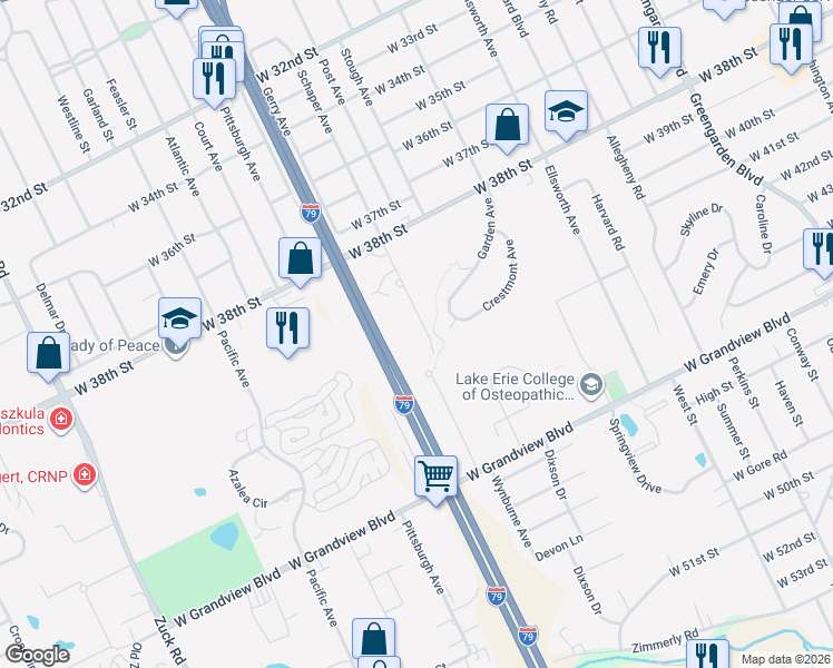 map of restaurants, bars, coffee shops, grocery stores, and more near 4114 Schaper Avenue in Erie