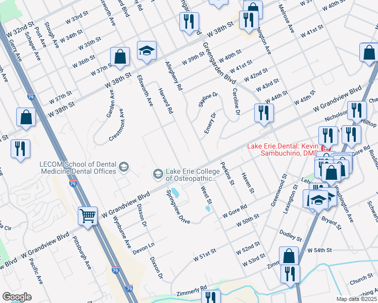 map of restaurants, bars, coffee shops, grocery stores, and more near 4498 Harvard Rd in Erie