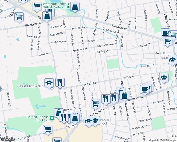 map of restaurants, bars, coffee shops, grocery stores, and more near 66 West Elm Terrace in Brockton