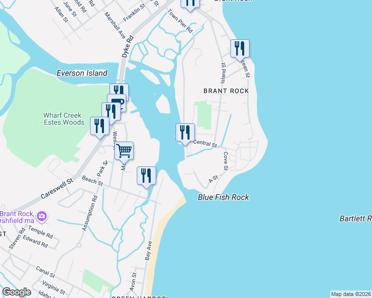 map of restaurants, bars, coffee shops, grocery stores, and more near 93 Central Avenue in Marshfield