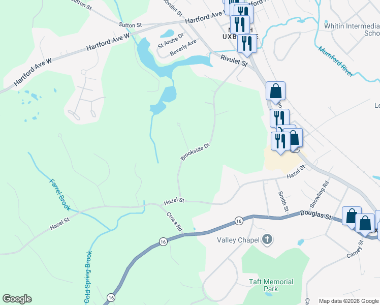 map of restaurants, bars, coffee shops, grocery stores, and more near 110 Brookside Drive in Uxbridge
