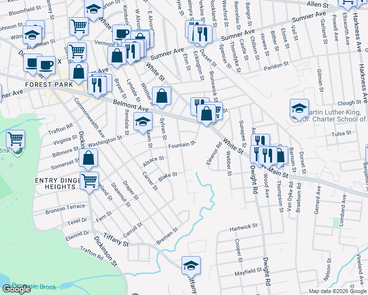 map of restaurants, bars, coffee shops, grocery stores, and more near 59 Belvidere Street in Springfield