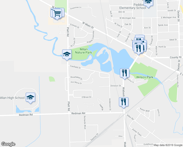 map of restaurants, bars, coffee shops, grocery stores, and more near 238 Riverbend Drive in Milan