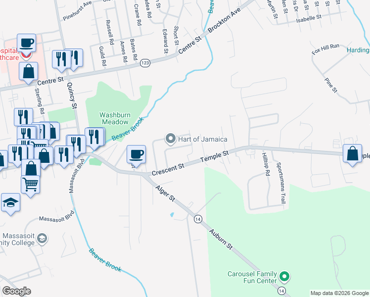 map of restaurants, bars, coffee shops, grocery stores, and more near 35 Rhonda Road in Brockton