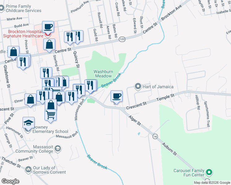 map of restaurants, bars, coffee shops, grocery stores, and more near 56 Hall Street in Brockton