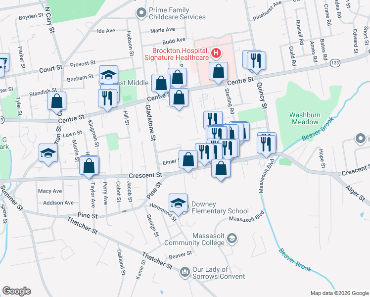 map of restaurants, bars, coffee shops, grocery stores, and more near 672 Crescent Street in Brockton