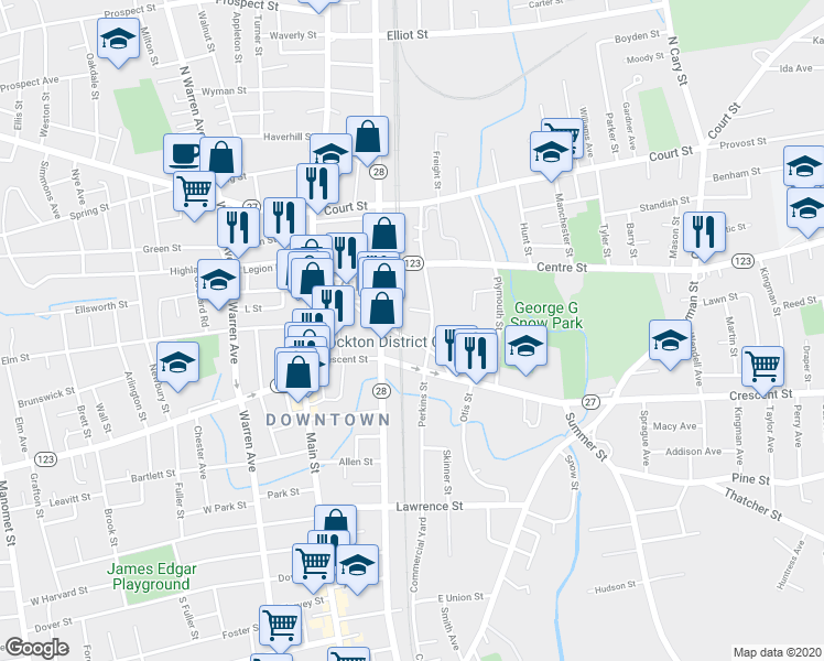 map of restaurants, bars, coffee shops, grocery stores, and more near 140 School Street in Brockton