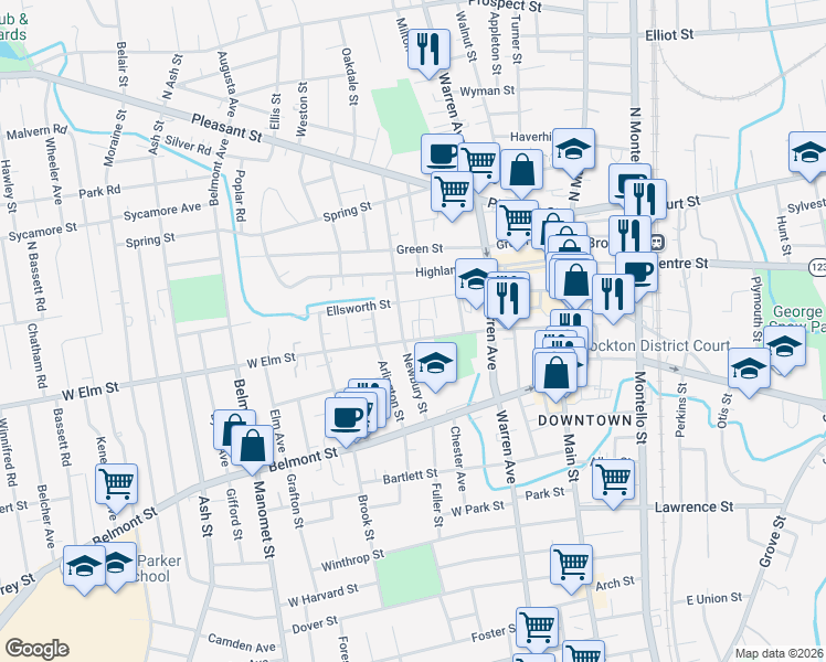 map of restaurants, bars, coffee shops, grocery stores, and more near 128 Newbury Street in Brockton