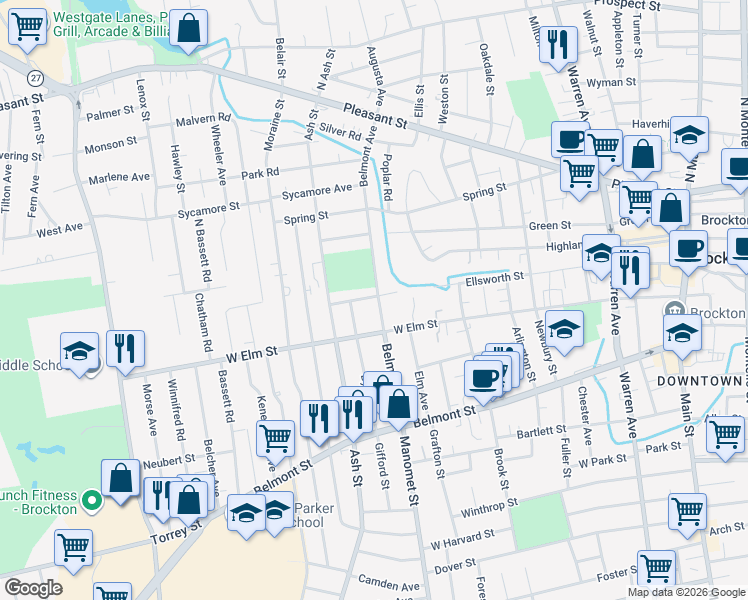 map of restaurants, bars, coffee shops, grocery stores, and more near 159 Ellsworth Street in Brockton