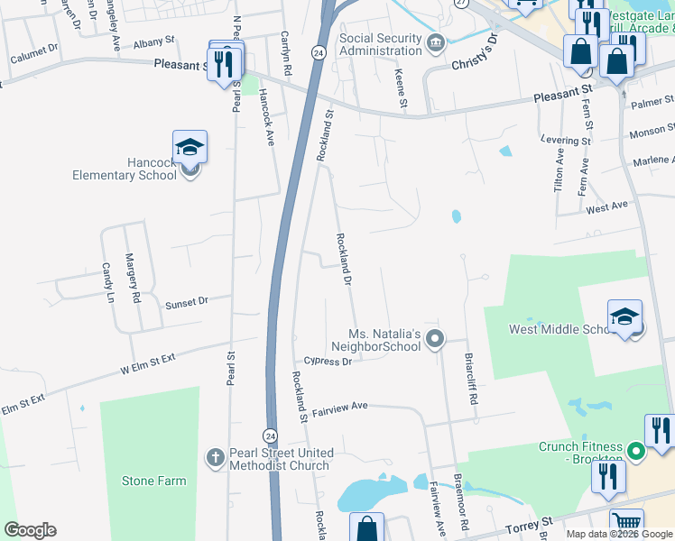 map of restaurants, bars, coffee shops, grocery stores, and more near 34 Rockland Circle in Brockton