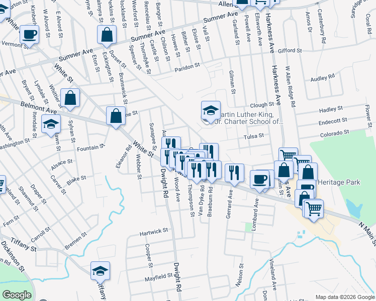map of restaurants, bars, coffee shops, grocery stores, and more near 32 Bentley Street in Springfield