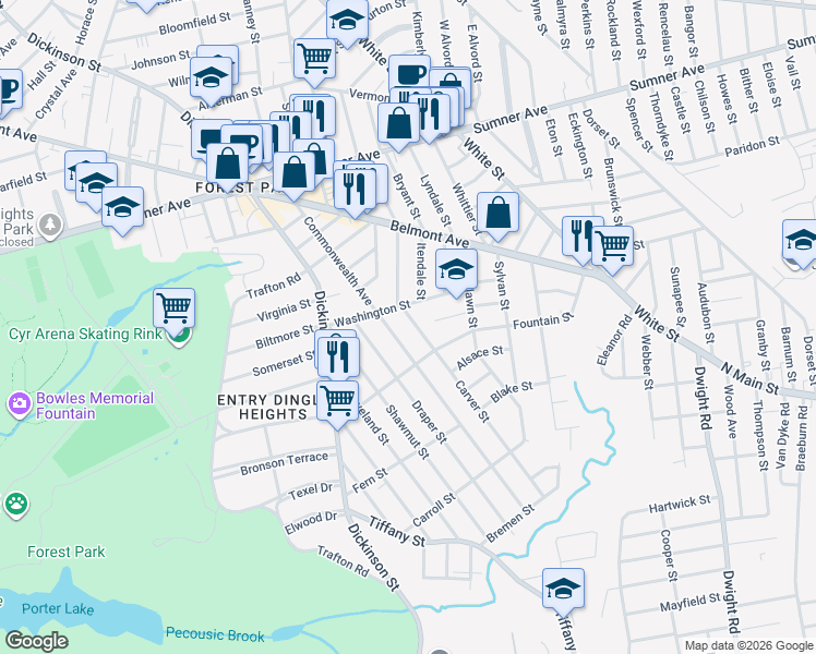 map of restaurants, bars, coffee shops, grocery stores, and more near 67-69 Washington Street in Springfield