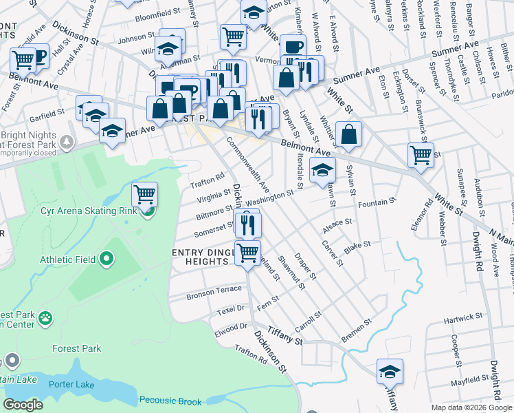 map of restaurants, bars, coffee shops, grocery stores, and more near 34 Washington Street in Springfield