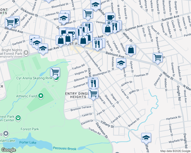 map of restaurants, bars, coffee shops, grocery stores, and more near 34 Washington Street in Springfield
