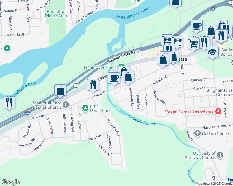 map of restaurants, bars, coffee shops, grocery stores, and more near 425 Front Street in Vestal