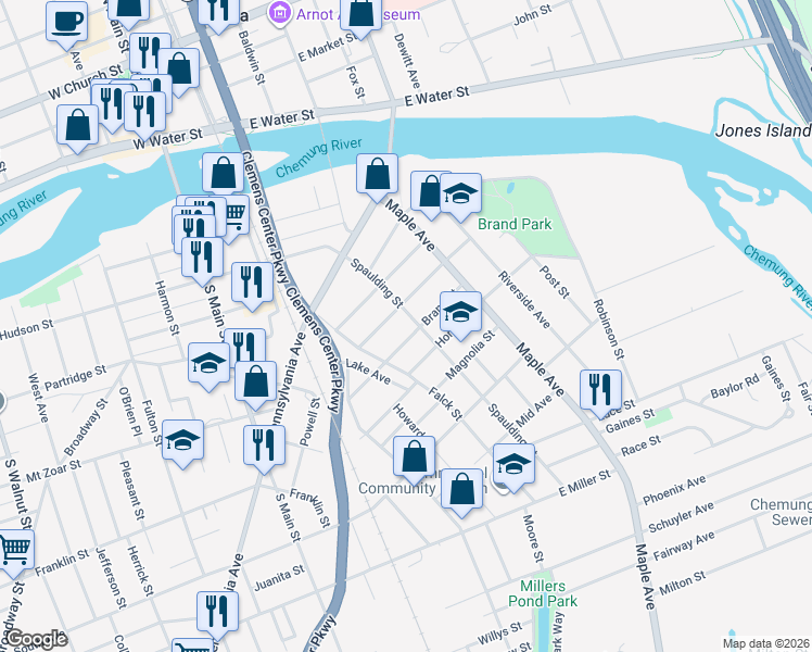 map of restaurants, bars, coffee shops, grocery stores, and more near 457 Spaulding Street in Elmira