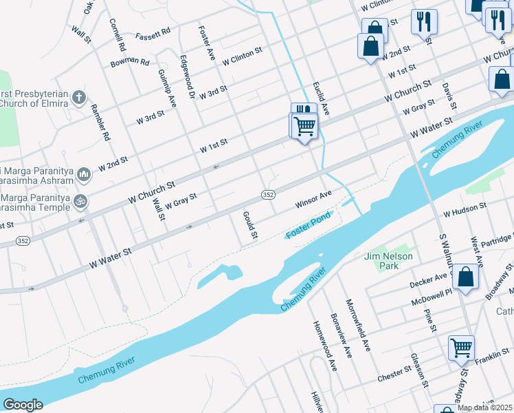 map of restaurants, bars, coffee shops, grocery stores, and more near 800-810 West Water Street in Elmira