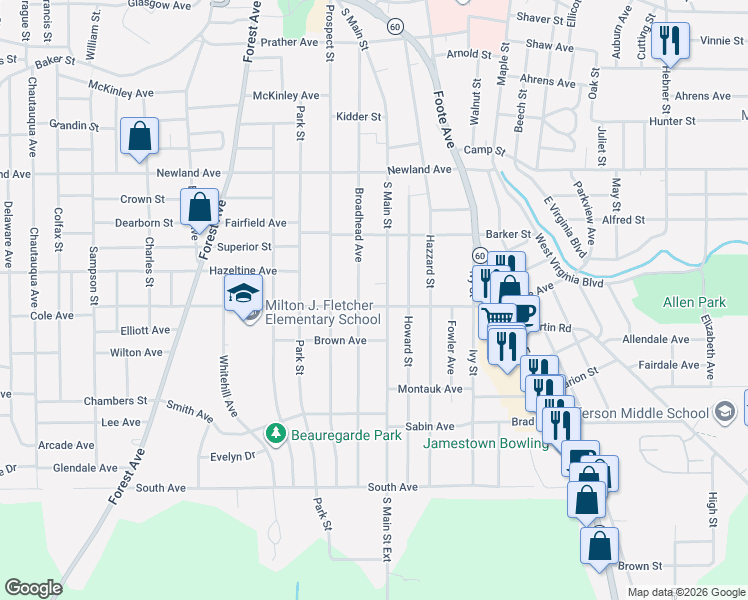 map of restaurants, bars, coffee shops, grocery stores, and more near 341 South Main Street in Jamestown