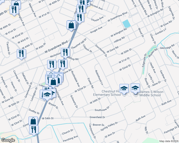 map of restaurants, bars, coffee shops, grocery stores, and more near 5025 Exeter Road in Erie