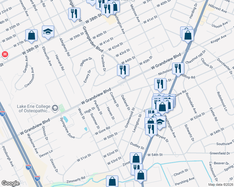 map of restaurants, bars, coffee shops, grocery stores, and more near 1641 West Grandview Boulevard in Erie
