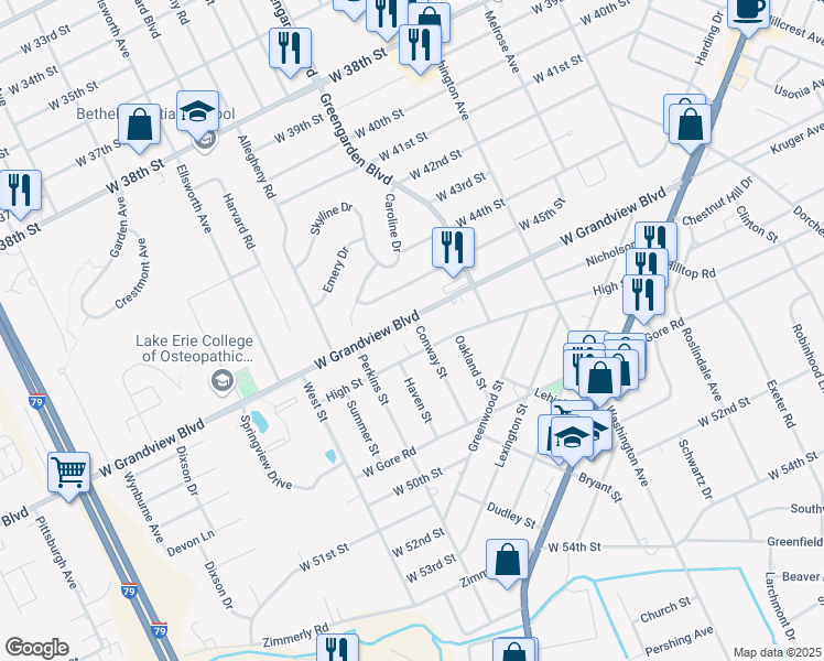map of restaurants, bars, coffee shops, grocery stores, and more near 1658 West Grandview Boulevard in Erie