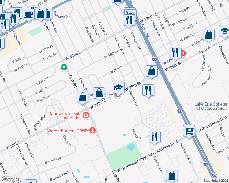 map of restaurants, bars, coffee shops, grocery stores, and more near 2424 West 37th Street in Erie