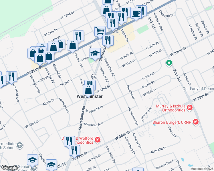 map of restaurants, bars, coffee shops, grocery stores, and more near 3103 Greeley Avenue in Erie