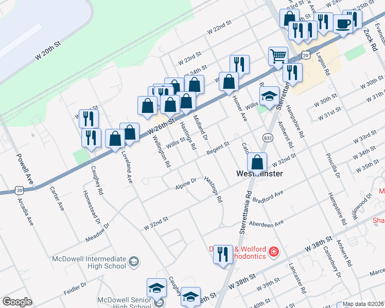 map of restaurants, bars, coffee shops, grocery stores, and more near 2820 Hastings Road in Erie