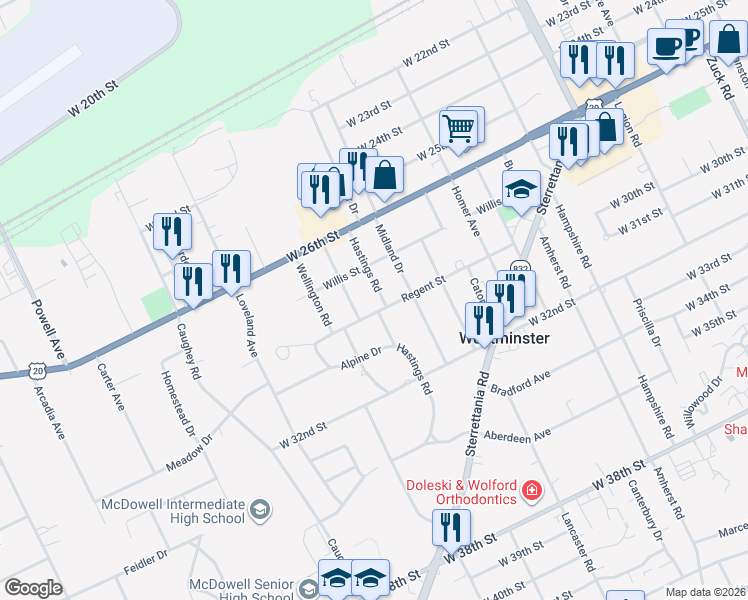 map of restaurants, bars, coffee shops, grocery stores, and more near 2820 Hastings Road in Erie